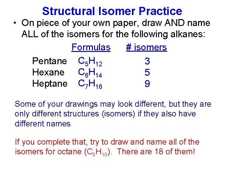 Structural Isomer Practice • On piece of your own paper, draw AND name ALL