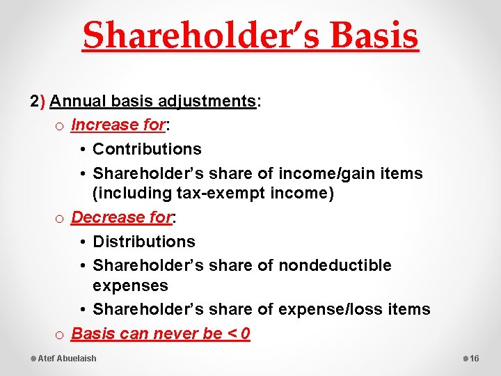 Shareholder’s Basis 2) Annual basis adjustments: o Increase for: • Contributions • Shareholder’s share