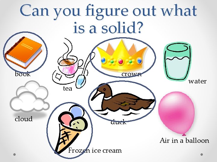 Can you figure out what is a solid? book crown tea cloud water duck