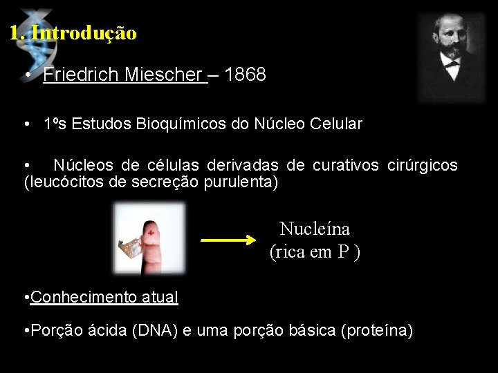 1. Introdução • Friedrich Miescher – 1868 • 1ºs Estudos Bioquímicos do Núcleo Celular