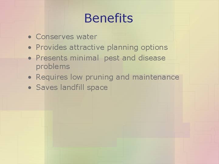 Benefits • Conserves water • Provides attractive planning options • Presents minimal pest and