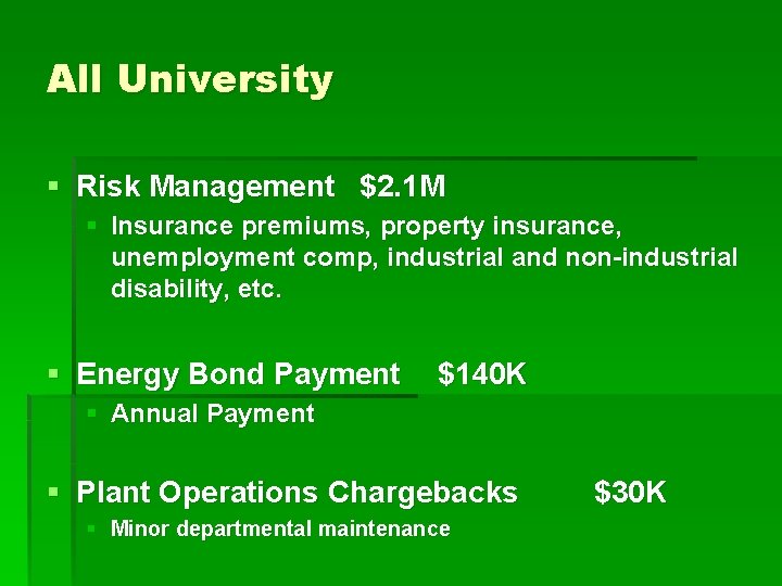 All University § Risk Management $2. 1 M § Insurance premiums, property insurance, unemployment