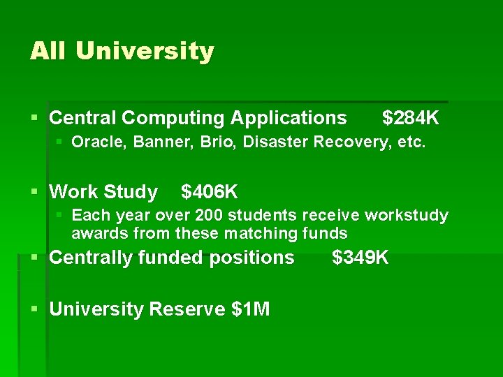 All University § Central Computing Applications $284 K § Oracle, Banner, Brio, Disaster Recovery,