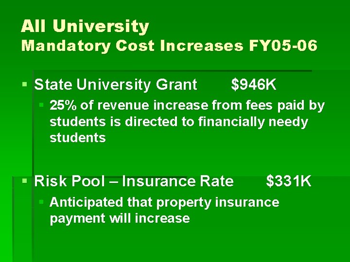 All University Mandatory Cost Increases FY 05 -06 § State University Grant $946 K
