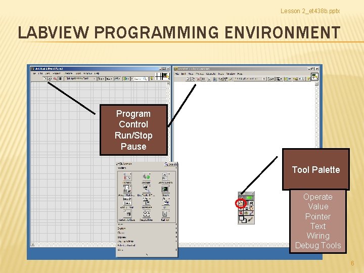 Lesson 2_et 438 b. pptx LABVIEW PROGRAMMING ENVIRONMENT Program Control Run/Stop Pause Tool Palette