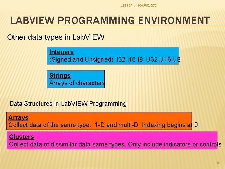 Lesson 2_et 438 b. pptx LABVIEW PROGRAMMING ENVIRONMENT Other data types in Lab. VIEW