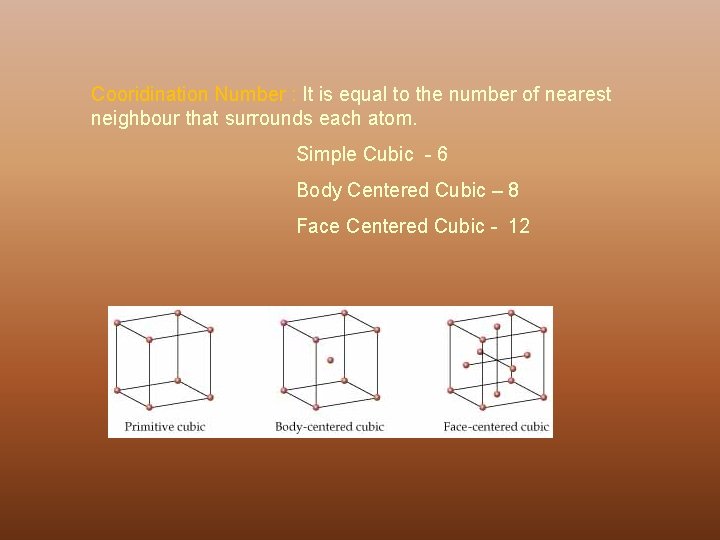 Cooridination Number : It is equal to the number of nearest neighbour that surrounds