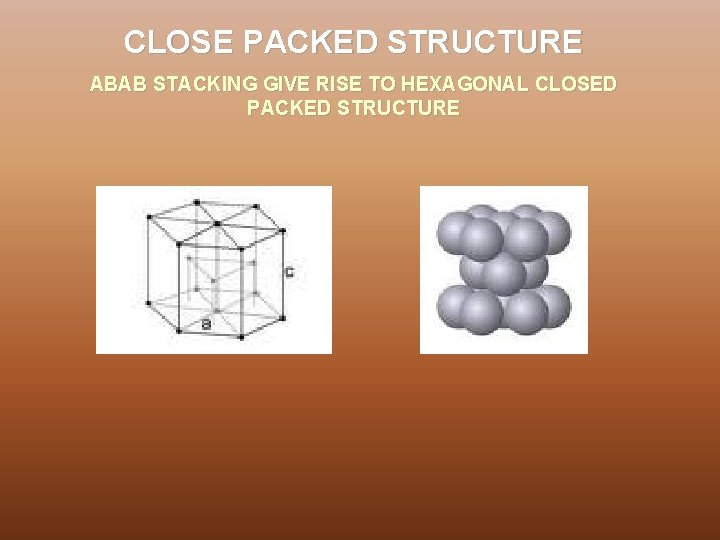 CLOSE PACKED STRUCTURE ABAB STACKING GIVE RISE TO HEXAGONAL CLOSED PACKED STRUCTURE 