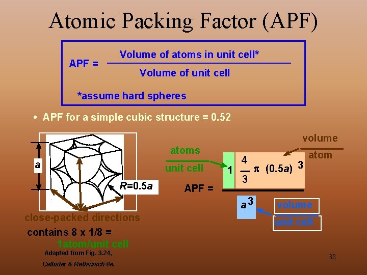 Atomic Packing Factor (APF) APF = Volume of atoms in unit cell* Volume of
