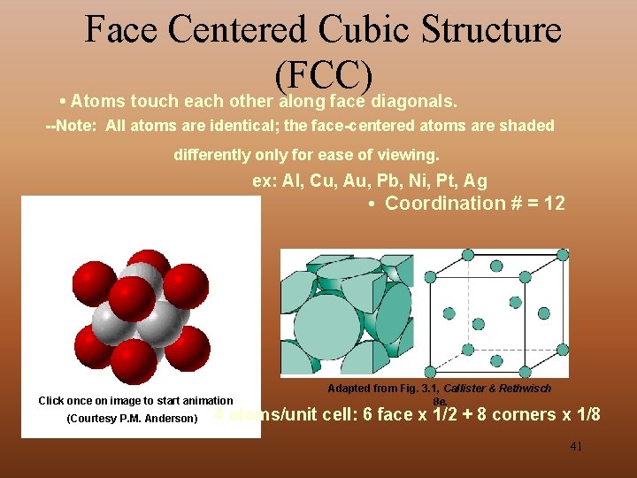 Face Centered Cubic Structure (FCC) • Atoms touch each other along face diagonals. --Note: