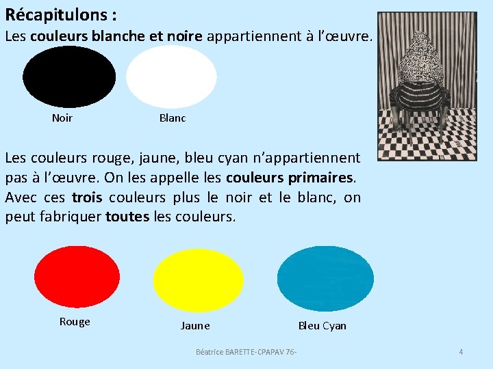 Récapitulons : Les couleurs blanche et noire appartiennent à l’œuvre. Noir Blanc Les couleurs