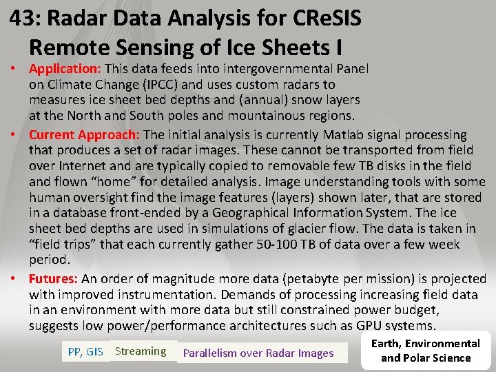 43: Radar Data Analysis for CRe. SIS Remote Sensing of Ice Sheets I •