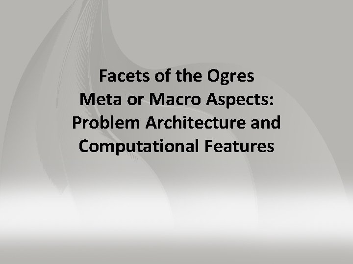 Facets of the Ogres Meta or Macro Aspects: Problem Architecture and Computational Features 