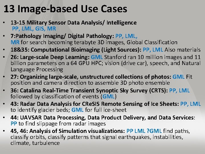 13 Image-based Use Cases • 13 -15 Military Sensor Data Analysis/ Intelligence PP, LML,