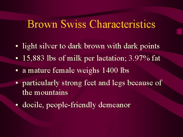Brown Swiss Characteristics • • light silver to dark brown with dark points 15,