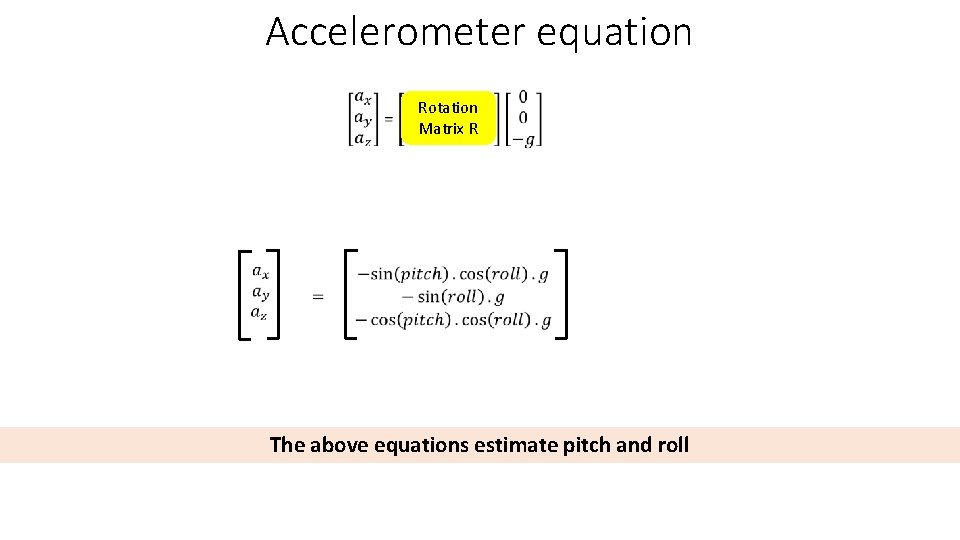 Accelerometer equation Rotation Matrix R The above equations estimate pitch and roll 