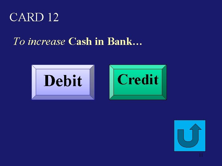 CARD 12 To increase Cash in Bank… Debit Credit 11 