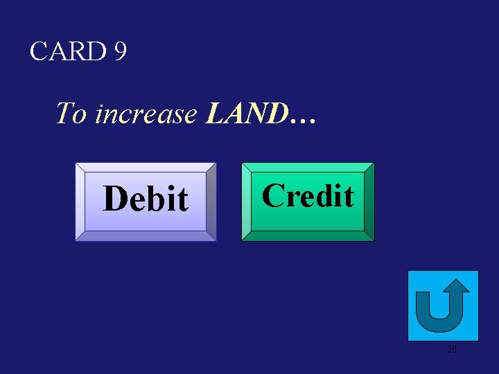 CARD 9 To increase LAND… Debit Credit 20 