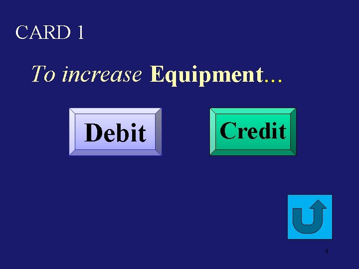 CARD 1 To increase Equipment. . . Debit Credit 4 