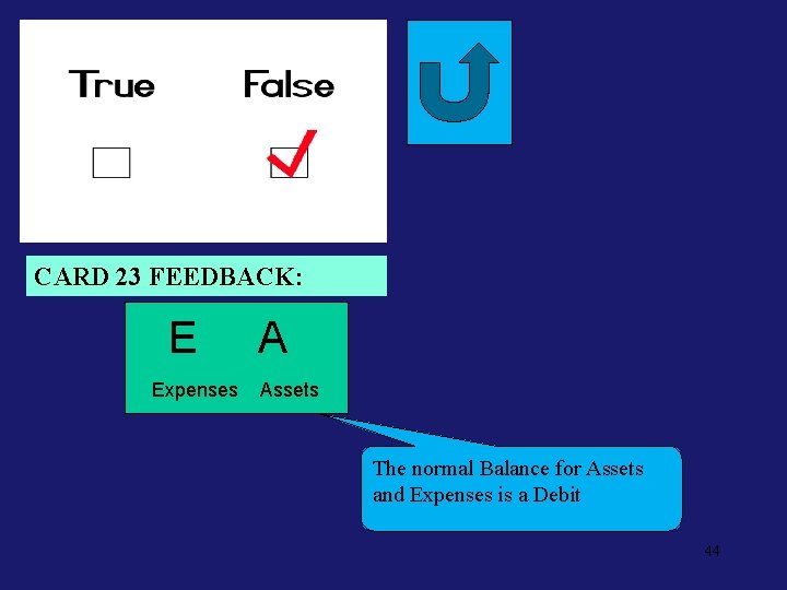 Neg. Feed 23 CARD 23 FEEDBACK: E Expenses A Assets The normal Balance for