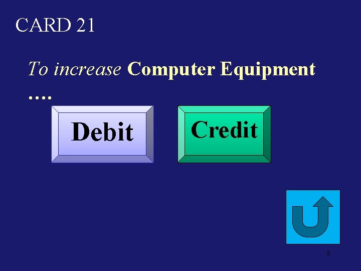 CARD 21 To increase Computer Equipment …. Debit Credit 8 