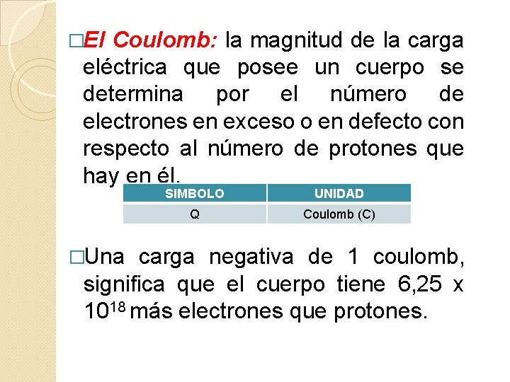 �El Coulomb: la magnitud de la carga eléctrica que posee un cuerpo se determina