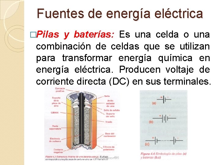 Fuentes de energía eléctrica �Pilas y baterías: Es una celda o una combinación de