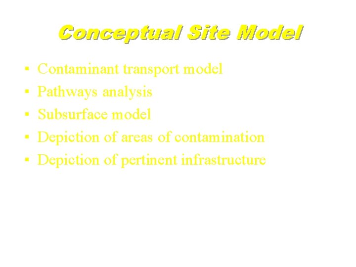 Conceptual Site Model ▪ ▪ ▪ Contaminant transport model Pathways analysis Subsurface model Depiction