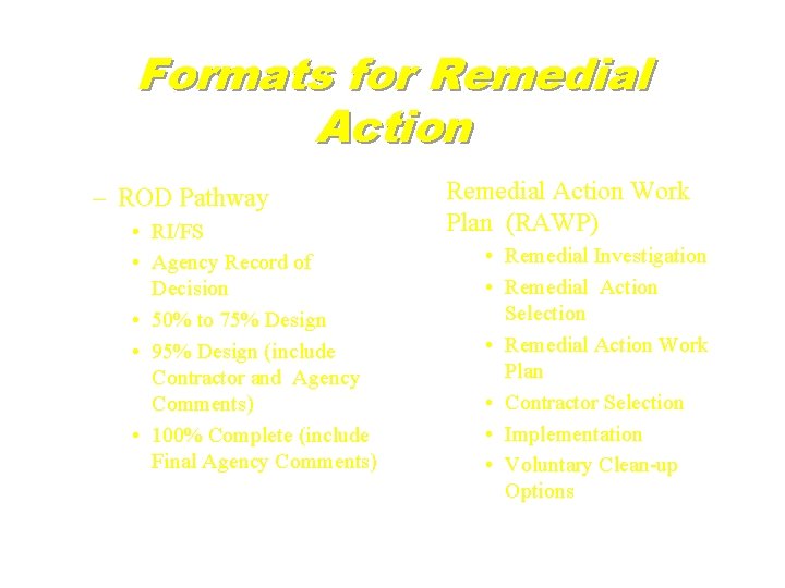 Formats for Remedial Action – ROD Pathway • RI/FS • Agency Record of Decision