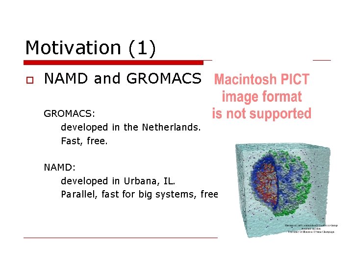 Motivation (1) o NAMD and GROMACS: developed in the Netherlands. Fast, free. NAMD: developed