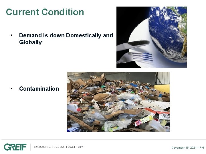 Current Condition • Demand is down Domestically and Globally • Contamination December 18, 2021