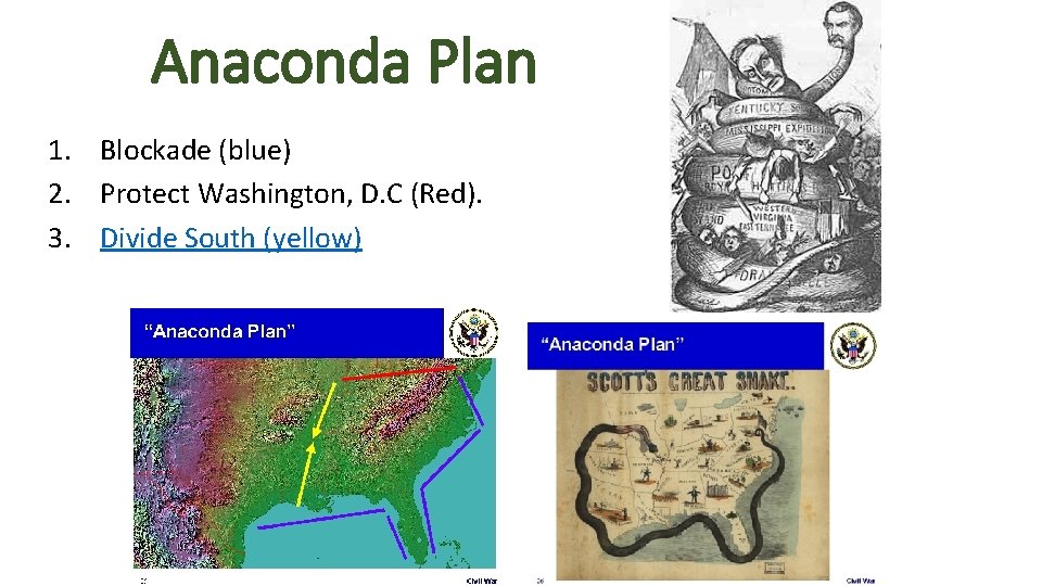 Anaconda Plan 1. Blockade (blue) 2. Protect Washington, D. C (Red). 3. Divide South