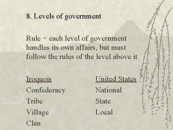 8. Levels of government Rule = each level of government handles its own affairs,