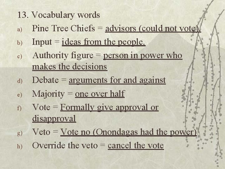 13. Vocabulary words a) Pine Tree Chiefs = advisors (could not vote). b) Input