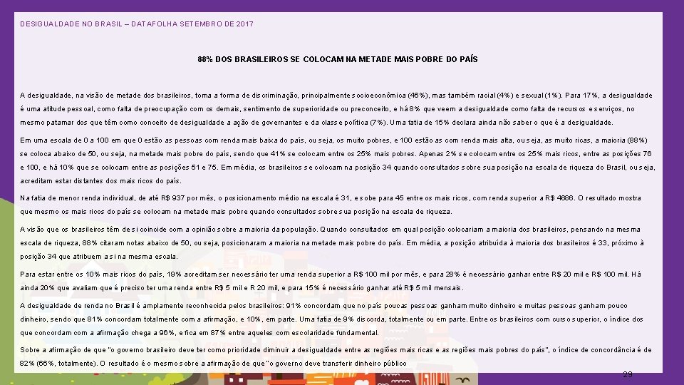 DESIGUALDADE NO BRASIL – DATAFOLHA SETEMBRO DE 2017 88% DOS BRASILEIROS SE COLOCAM NA