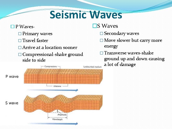 Seismic Waves � P Waves� Primary waves � Travel faster � Arrive at a