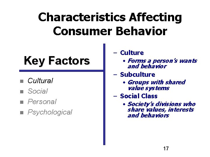 Characteristics Affecting Consumer Behavior Key Factors n n Cultural Social Personal Psychological – Culture