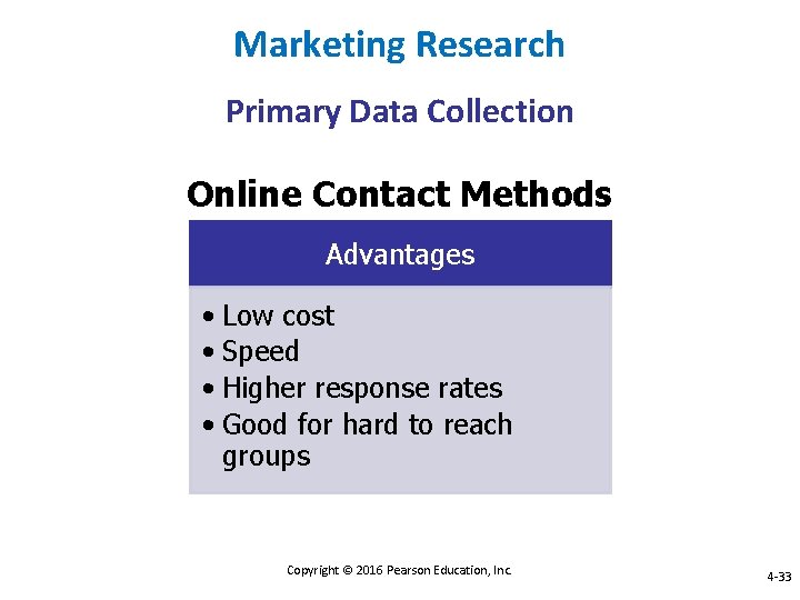 Marketing Research Primary Data Collection Online Contact Methods Advantages • Low cost • Speed