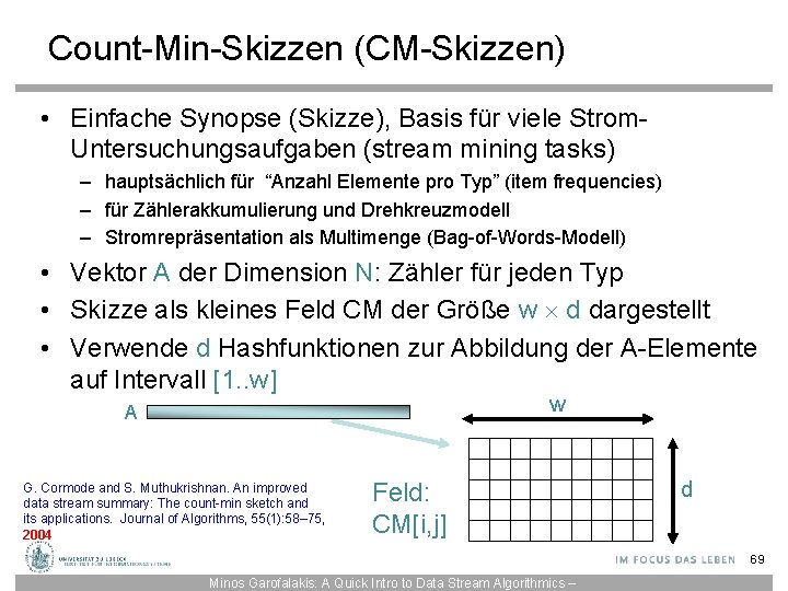 Count-Min-Skizzen (CM-Skizzen) • Einfache Synopse (Skizze), Basis für viele Strom. Untersuchungsaufgaben (stream mining tasks)