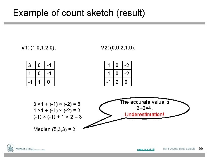 Example of count sketch (result) V 1: (1, 0, 1, 2, 0), V 2: