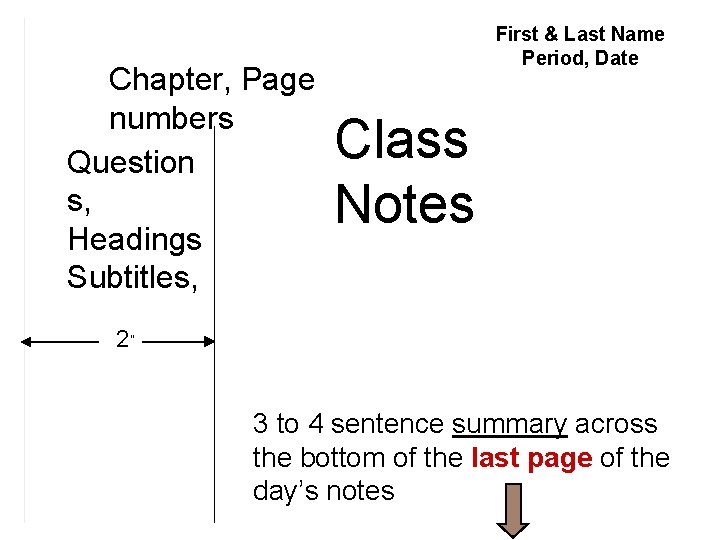 Chapter, Page numbers Question s, Headings Subtitles, First & Last Name Period, Date Class