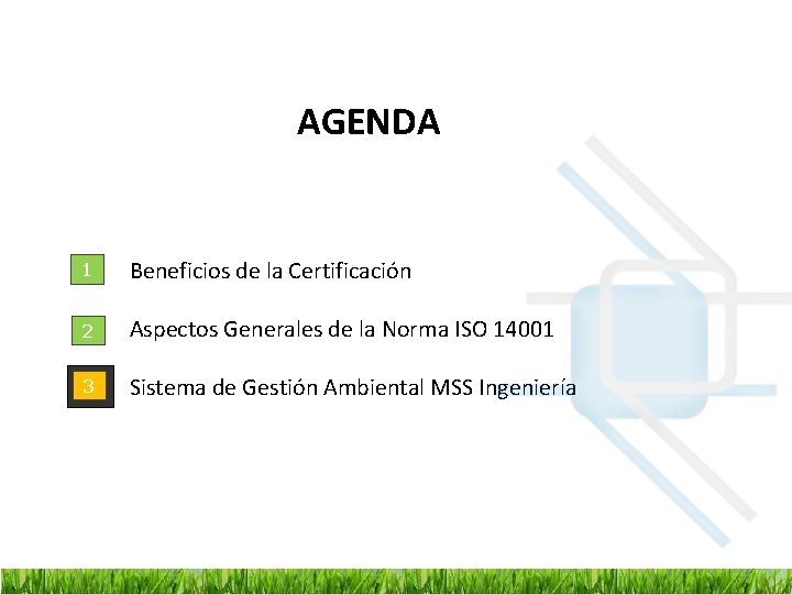 AGENDA 1 Beneficios de la Certificación 2 Aspectos Generales de la Norma ISO 14001