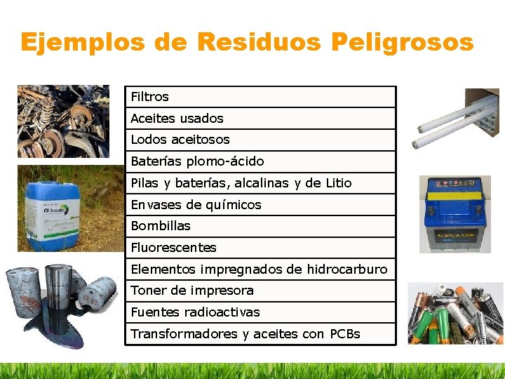 Ejemplos de Residuos Peligrosos Filtros Aceites usados Lodos aceitosos Baterías plomo-ácido Pilas y baterías,