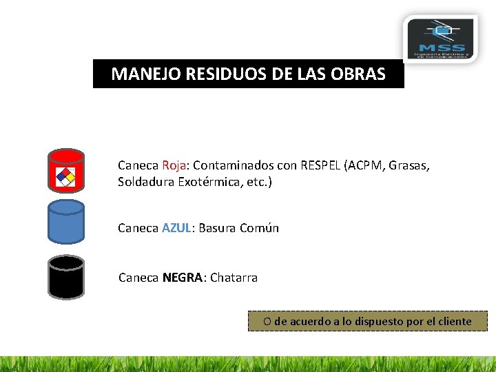 MANEJO RESIDUOS DE LAS OBRAS Caneca Roja: Contaminados con RESPEL (ACPM, Grasas, Soldadura Exotérmica,