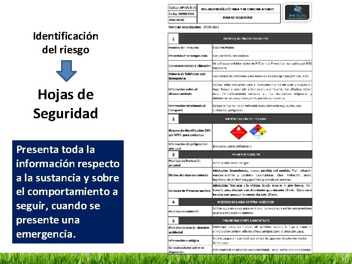 Identificación del riesgo Hojas de Seguridad Presenta toda la información respecto a la sustancia