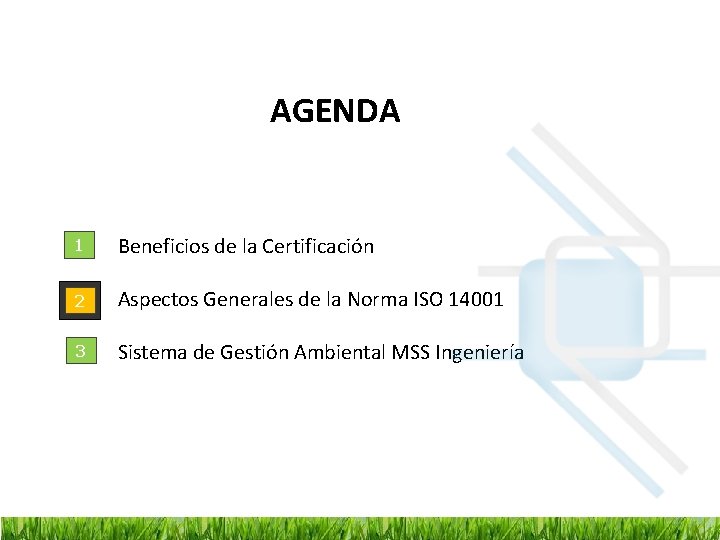 AGENDA 1 Beneficios de la Certificación 2 Aspectos Generales de la Norma ISO 14001