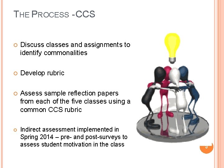 THE PROCESS - CCS Discuss classes and assignments to identify commonalities Develop rubric Assess