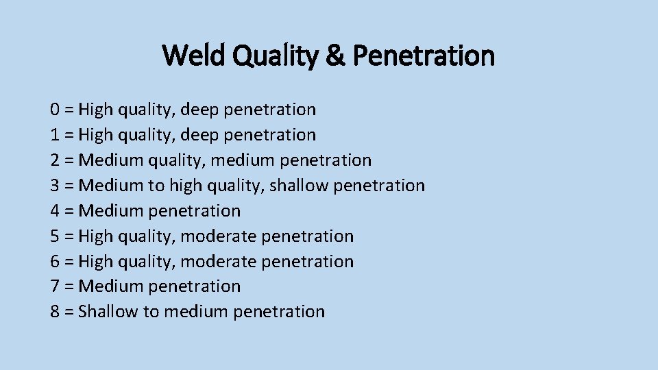 Weld Quality & Penetration 0 = High quality, deep penetration 1 = High quality,