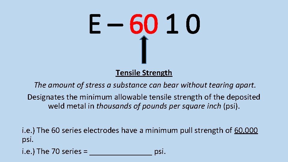 E – 60 1 0 Tensile Strength The amount of stress a substance can