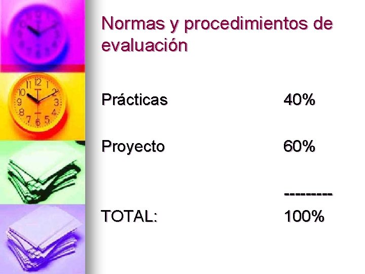 Normas y procedimientos de evaluación Prácticas 40% Proyecto 60% TOTAL: ----100% 